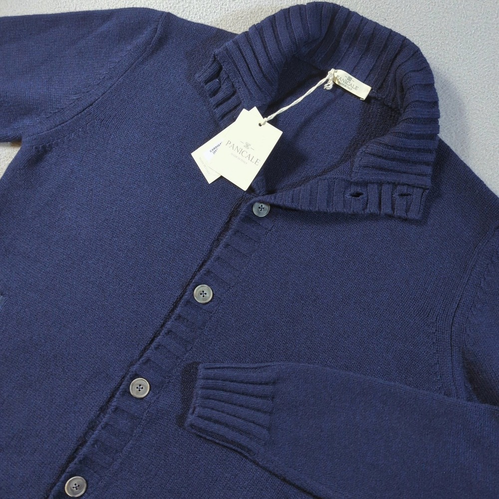 NWT Panicale Cardigan Sweater Mens 52 Large Blue Italian Cashmere Merino Wool